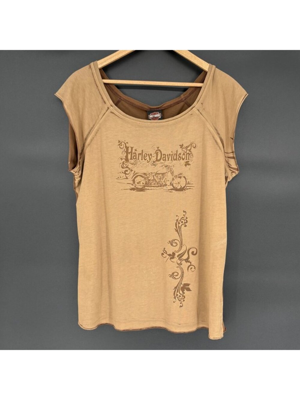 Harley Davidson Sleeveless Graphic Top Womens XL Brown Rhinestone Y2K Biker 2008